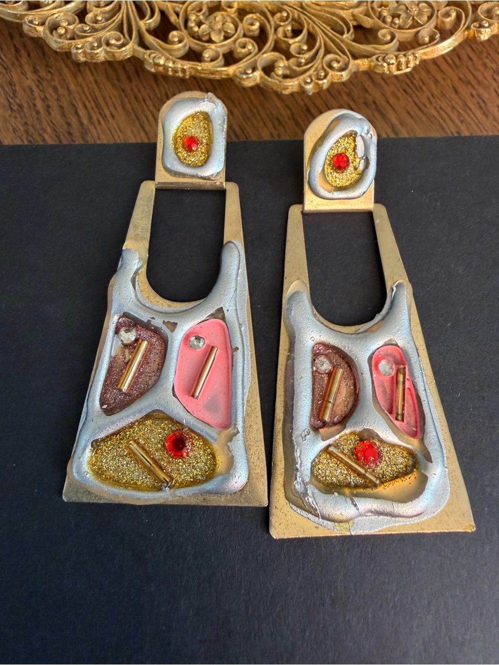 VTG 1980s Modernist Avant Garde Statement Earrings Mixed Metal Resin Brutalist